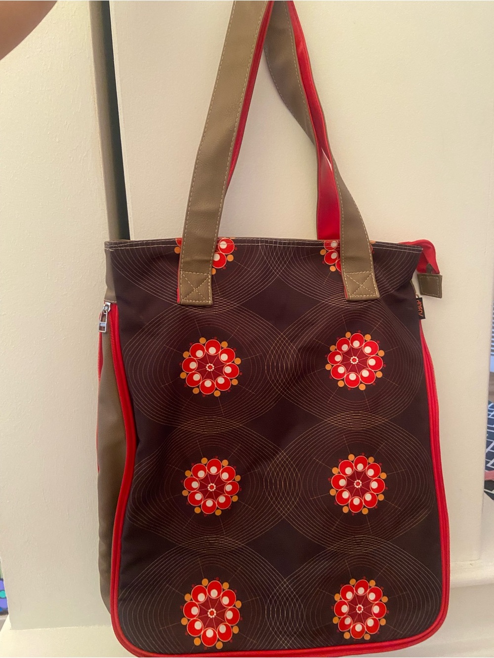 Brown Floral Tote with Red Accents